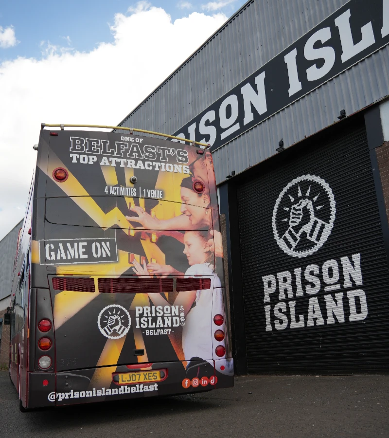 Prison Island advert on back of sightseeing bus